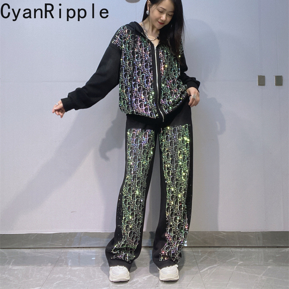 Women'S Fashion Zip Hoodie - ファッション新作 秋冬 レディース パーカーセット レターデザイン ホットダイヤモンド