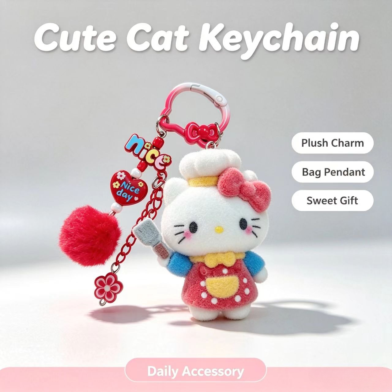 Women Fashion Rings - ファッションフロック猫キーホルダーかわいいシェフフィギュアバッグアクセサリーポンポンペンダント女性ファッションキーリングギフト