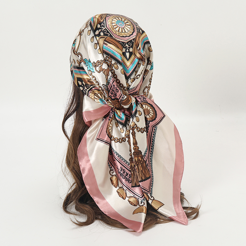 Women'S Fashion Headbands - サテン正方形スカーフ女性イスラム教徒ヒジャーブエレガント 2026 チェーンプリントネッカチーフショールラップヘッドバンドハンドルヘアアクセサリーバンダナ