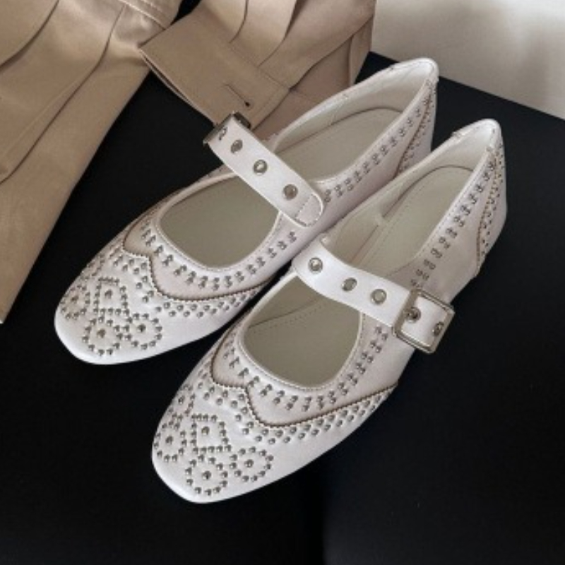 Women'S Fashion Brand Shoes - レトロリベットバックルデザインフラットシューズ レディース ラウンドトゥ シャロー エレガント メリージェーンシューズ
