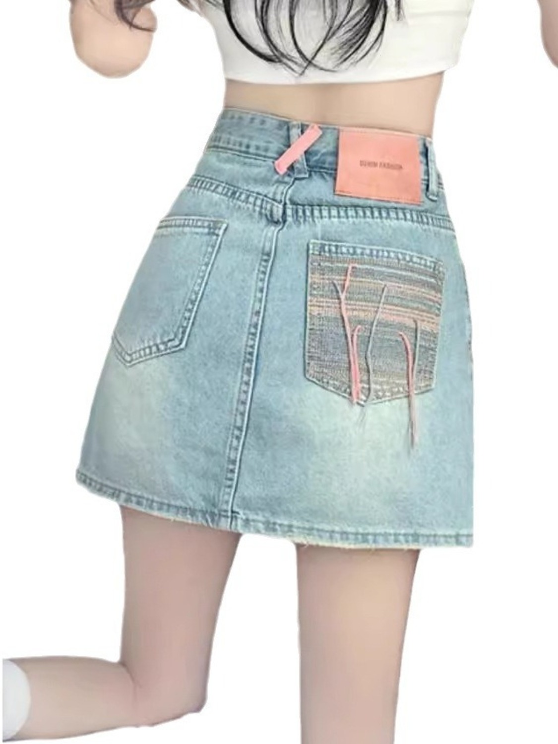 Denim Shorts Women - レディースヴィンテージウォッシュドデニムスコート、ハイウエスト、コントラストポケット付きスカート、内蔵ショーツ、ピンクウェビングディテール、ライトブルー、XS-3XL