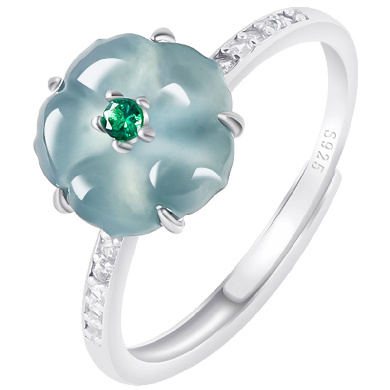 Women Fashion Rings - ブルービルマ翡翠フラワーリング 925 シルバー天然ビルマ翡翠高級お守りファッションアクセサリー女性へのギフト