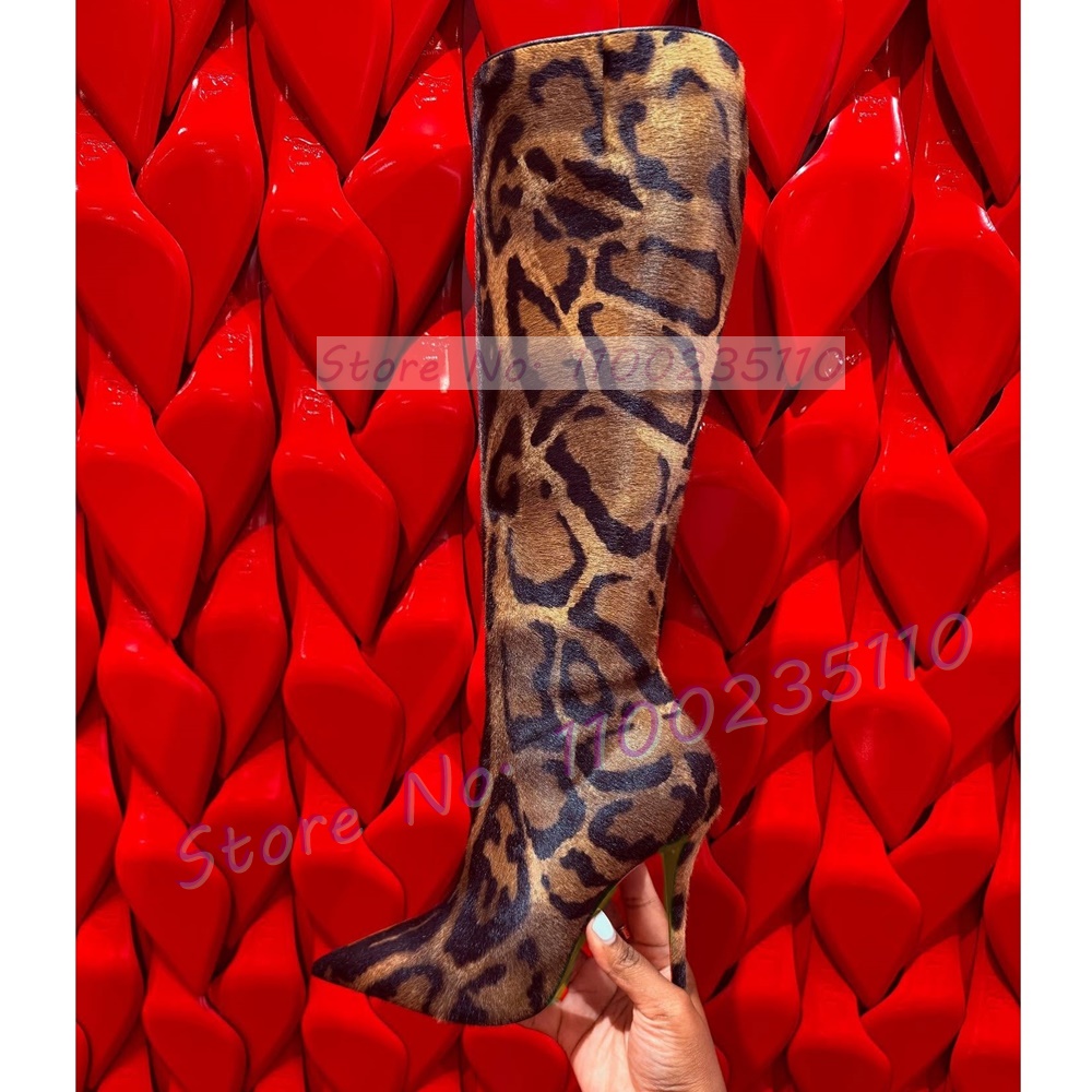 Women'S Fashion Leather Boots - ヒョウ柄フェイク馬毛ニーハイブーツ女性ファッションポインテッドトゥ滑走路靴レディーススタイリッシュクールサイドジッパースリムブーツ