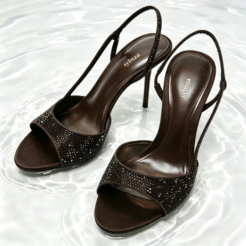 Women'S Fashion Brand Shoes - ファッションクリスタルディテールスリングバックヒール女性のセクシーなオープントゥポインテッドトゥスティレットサンダル高級デザイナーブランド靴 Zapatos Mujer