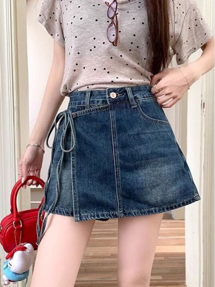 Denim Shorts Women - レディース ハイウエスト デニムスコート ライトブルーウォッシュ ダメージ加工 ヴィンテージ