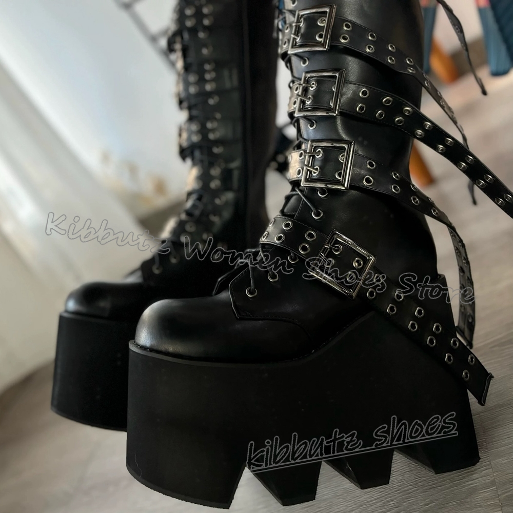 Women'S Fashion Leather Boots - リベットプラットフォームニーハイブーツレザーラウンドトゥ厚底ロックパンクゴシックホットガールソリッドカラーファッションエレガント簡潔新作