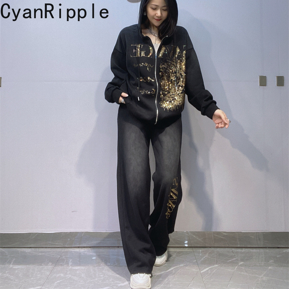 Women'S Fashion Zip Hoodie - ファッショナブルな秋冬レディースフーディセット ホットダイヤモンド フード付きジップ長袖ジャケットコート + ゴムウエストカジュアルストレートパンツ