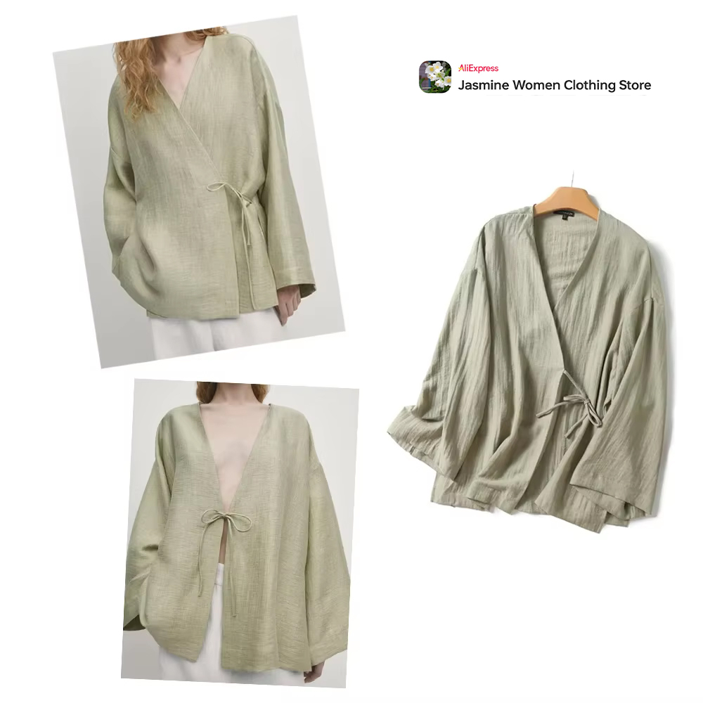 Kimono Cardigan Women - 快適なオリーブブラウスネクタイ付きロングドロップスリーブ女性着物 V ネック襟ラップカーディガンしわトップスサイドスプリット 2 スタイル
