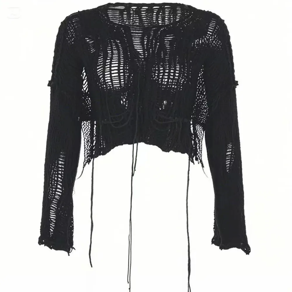 Women'S Fashion Knitwear - クロップドホールセーターセクシーなギャル中空ニットプルオーバーゴス韓国長袖ジャンパー夏のファッション薄手のニットウェアトップス