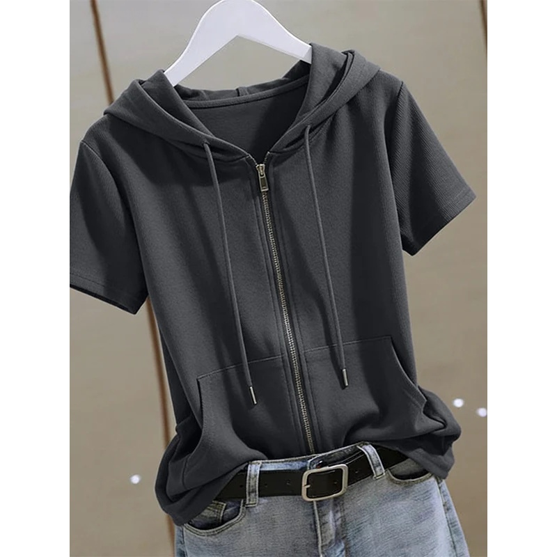 Women'S Fashion Zip Hoodie - 女性用夏用ジップアップ半袖パーカー、コットンプラスサイズ、ゆったりとした通気性のあるカジュアルカーディガンアウターウェア