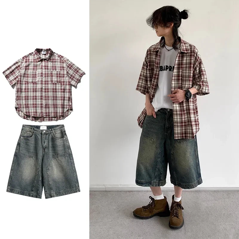Denim Shorts Women - 日本の若者スタイル男性女性チェック柄パッチポケット半袖シャツデニムカプリショーツカジュアル衣装セット