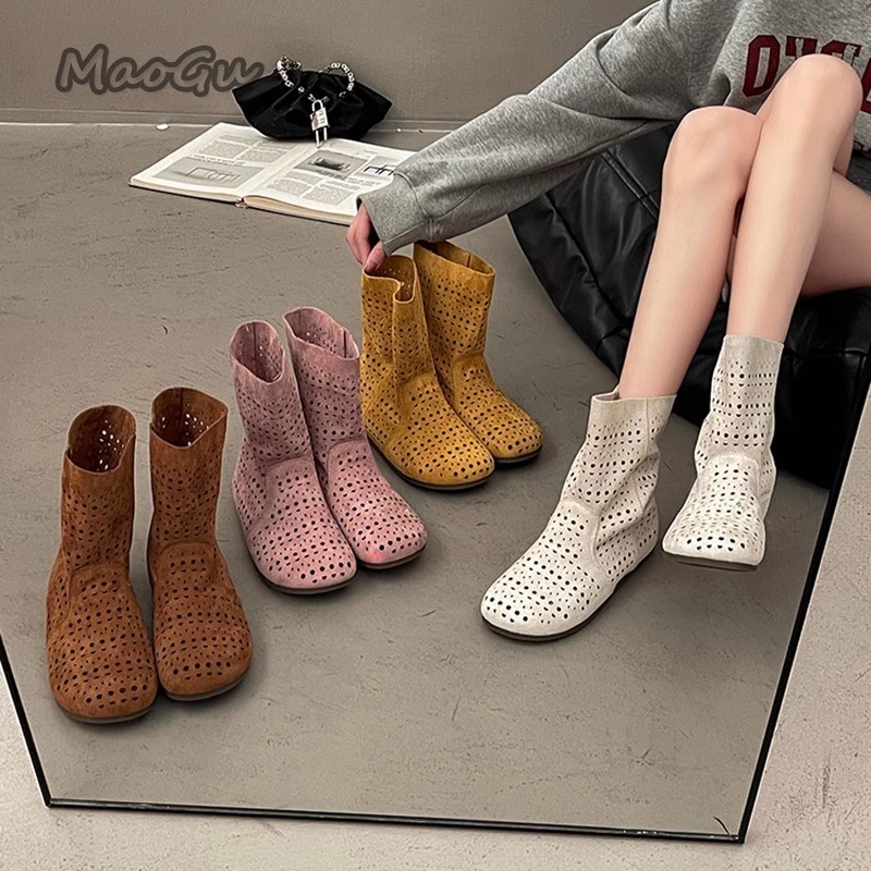 Women Fashion Youtube - 女性のサマーブーツ通気性中空スリッポンサンダル平底ミディアムチューブショートブーツファッション Size35 40 Bota Ş Para
