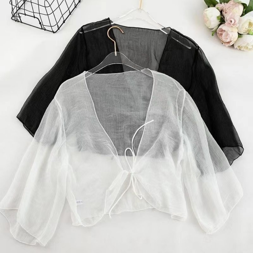 Women'S Fashion Knitwear - 夏クリンクル女性カーディガンルーズシフォン薄いセクショントップシースルー透明ショートショール小さなジャケット