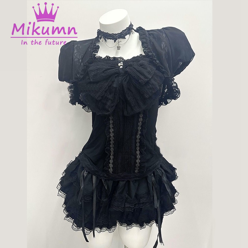 Women'S Fashion Knitwear - Mikumn ゴシックロリータブラックレース 3 点セット女性パフスリーブカーディガン + リボンキャミトップ