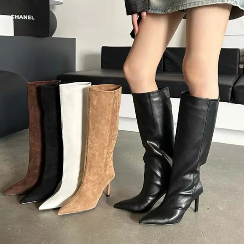 Women'S Fashion Leather Boots - 高級婦人用ロングブーツ ファッションスエードスローチブーツ フレンチスタイル ポインテッドトゥ ハイヒールブーツ 女性用デザイナーシューズ