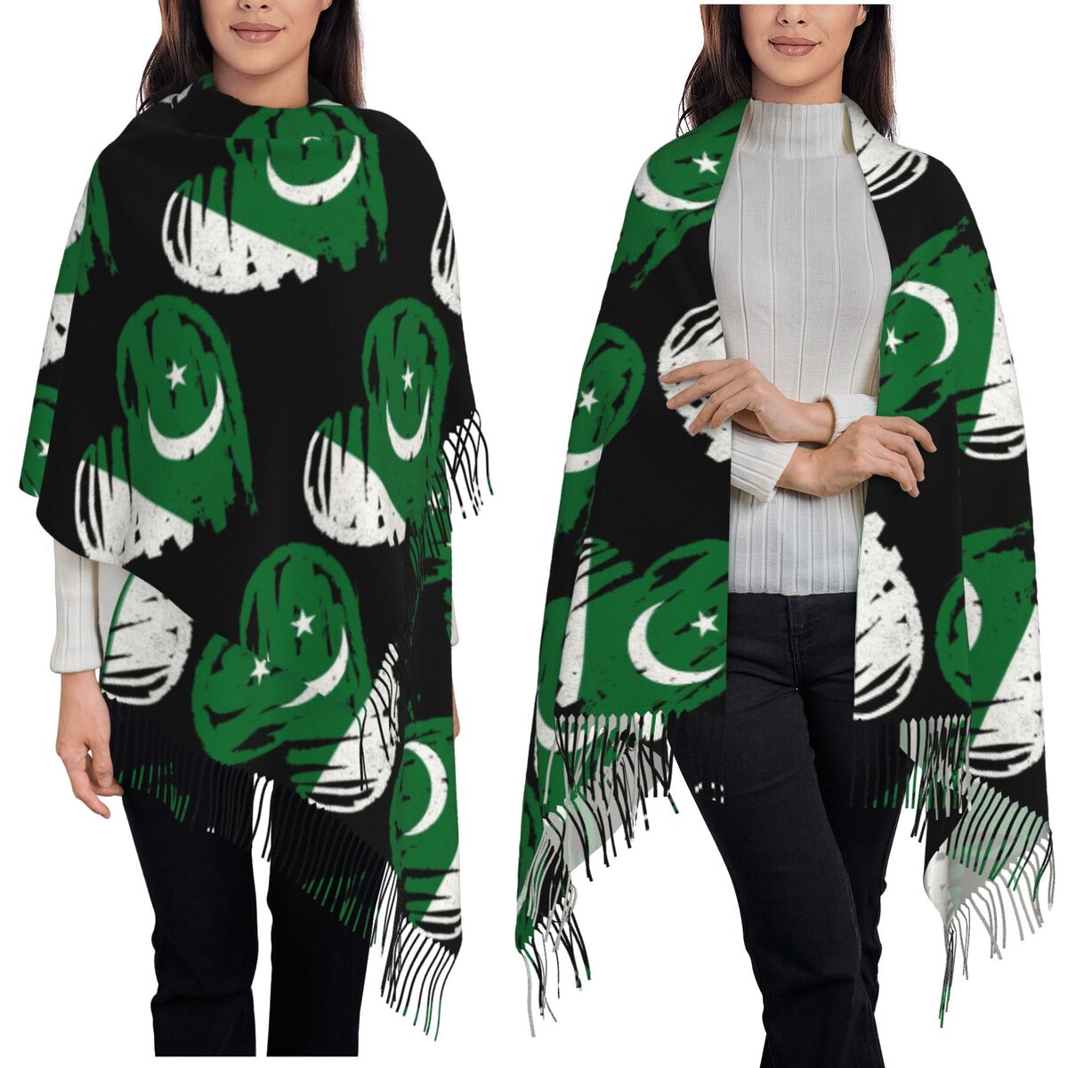 Women Fashion Pakistan - パキスタン国旗柄のパキスタンスカーフ、女性用タッセル付きスカーフ、柔らかく暖かいショールとラップ、秋冬用ロングショールラップ