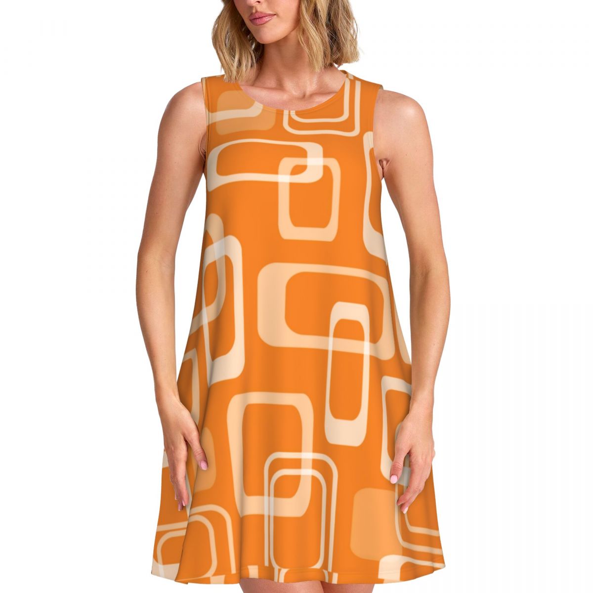Women'S Fashion In The 60S - オレンジレトロモッドドレス 60年代風スクエアプリント モダンワンピース レディース ノースリーブ ファッション