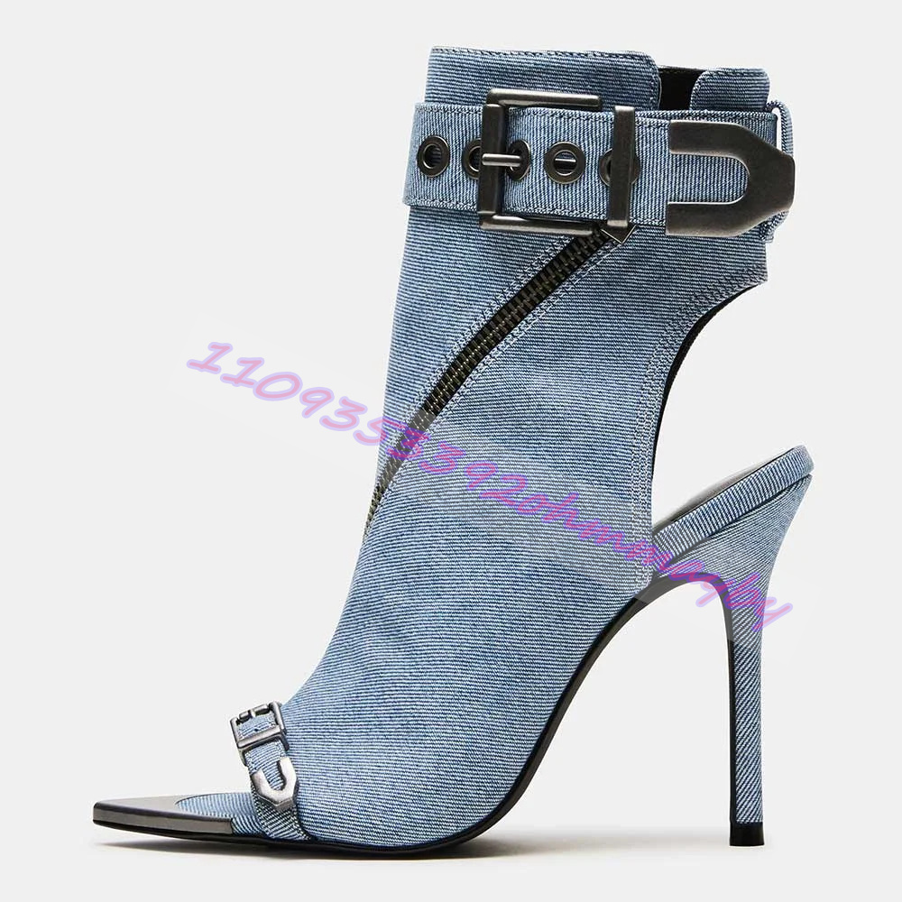Women'S Fashion Leather Boots - 夏ブルーデニムポインテッドトゥブーツ女性用オープントゥレザーベルトバックルサンダルファッションメタルポインテッドトゥジッパーハイヒール
