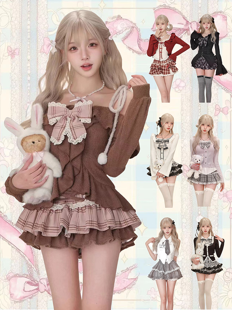 Women'S Fashion Knitwear - ゴシックY2Kヴィンテージプレッピースタイル2ピースセット レディース スイートボウニットカーディガン フリル付き格子柄ミニスカート ファッションロリータ衣装 新作