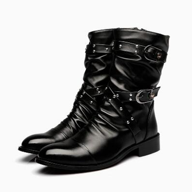 Women Fashion Youtube - ファッションメンズレザー高品質ミッドチューブブーツクラシック秋冬黒パンクロックシューズカジュアル男性女性プラスサイズ 38--46
