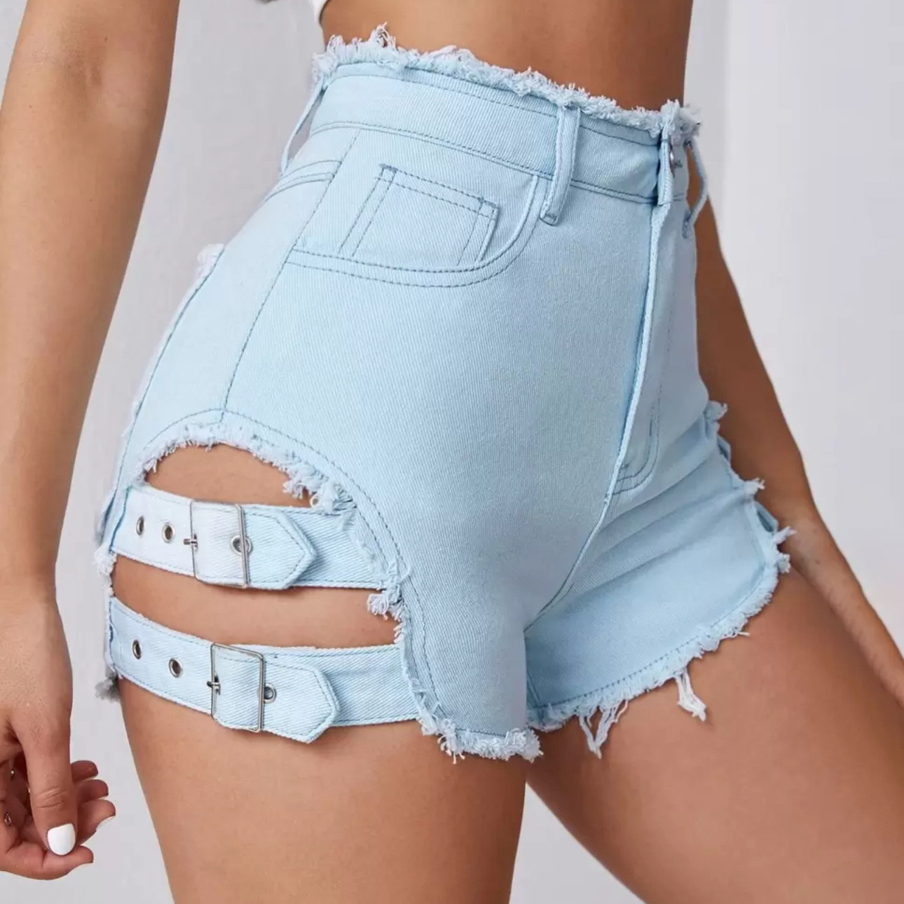 Denim Shorts Women - 女性ハイウエストデニムショートパンツダメージ加工裾夏カジュアルストリートウェアサイドスリット生端Aラインホットパンツファッション衣装