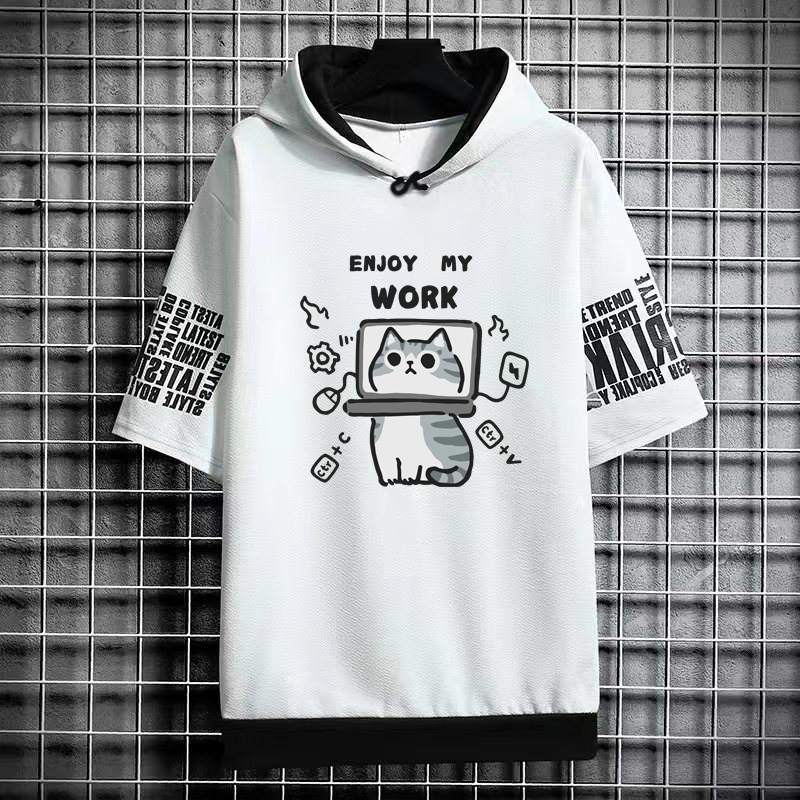 Women'S Fashion Zip Hoodie - 原宿メンズ Tシャツパーカー女性漫画猫プリントグラフィック Tシャツストリートおかしいシャツ韓国ファッション半袖トップス