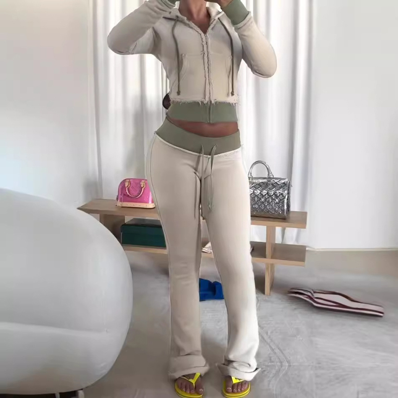 Women'S Fashion Zip Hoodie - 2ピースラウンジセット レディース服 エレガントなトラックスーツ ドローストリングフーディ ジップクロップジャケットとフレアパンツのセットアップ