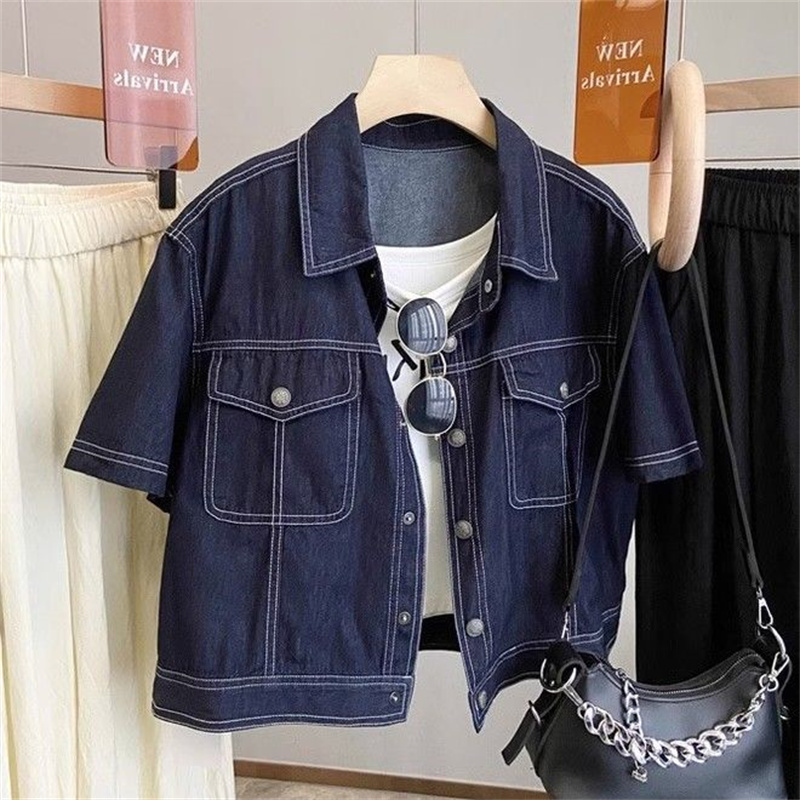 Denim Shorts Women - 2025 夏の女性のスリムフィット半袖襟デニムジャケット薄い上着カジュアルシングルボタンデニムシャツ