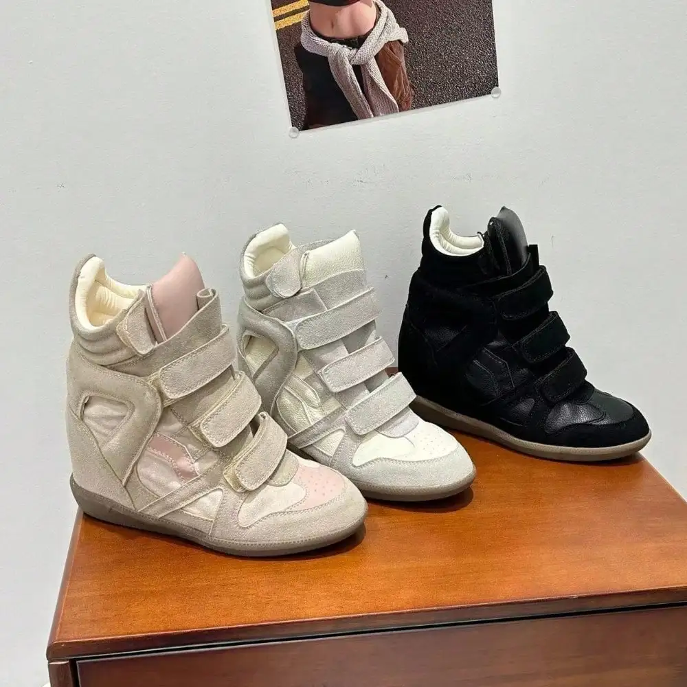 Women'S Fashion Velcro Sneakers - 女性用ハイカットウェッジスニーカー隠しウェッジプラットフォームシューズベルクロストラップレザーカジュアルウォーキングスニーカーレトロファッションシューズ