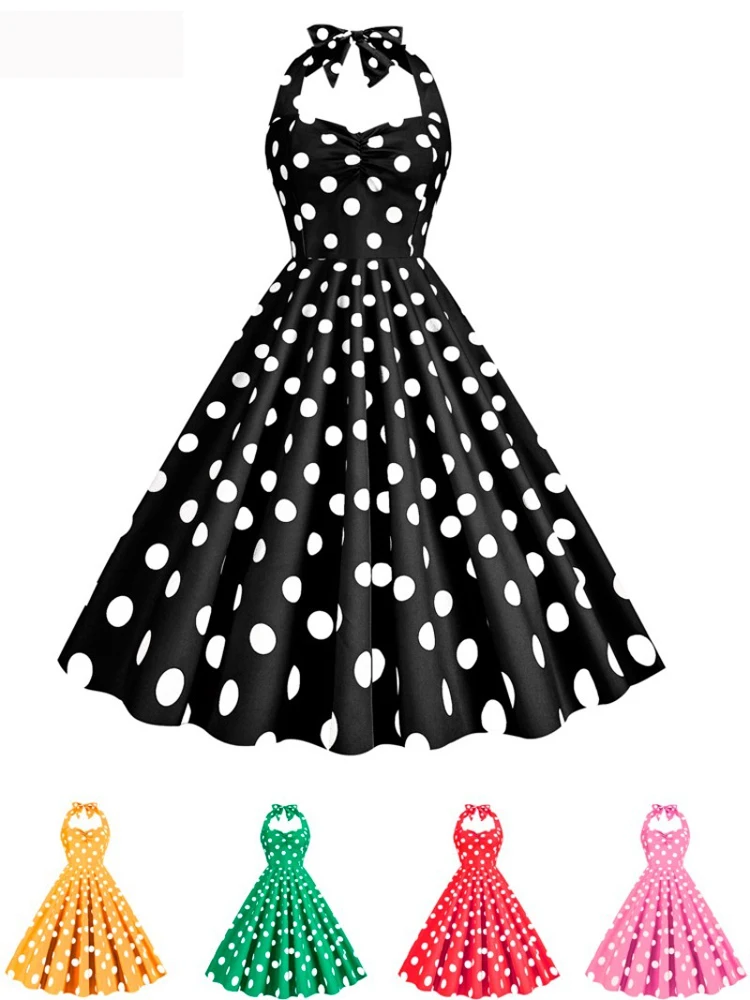 Women'S Fashion In The 60S - 2026年夏ファッションセクシーホルターネックレディースレトロポルカドットドレス1950年代60年代ロックabillyポルカドットボウピンナップスイングパーティーワンピース