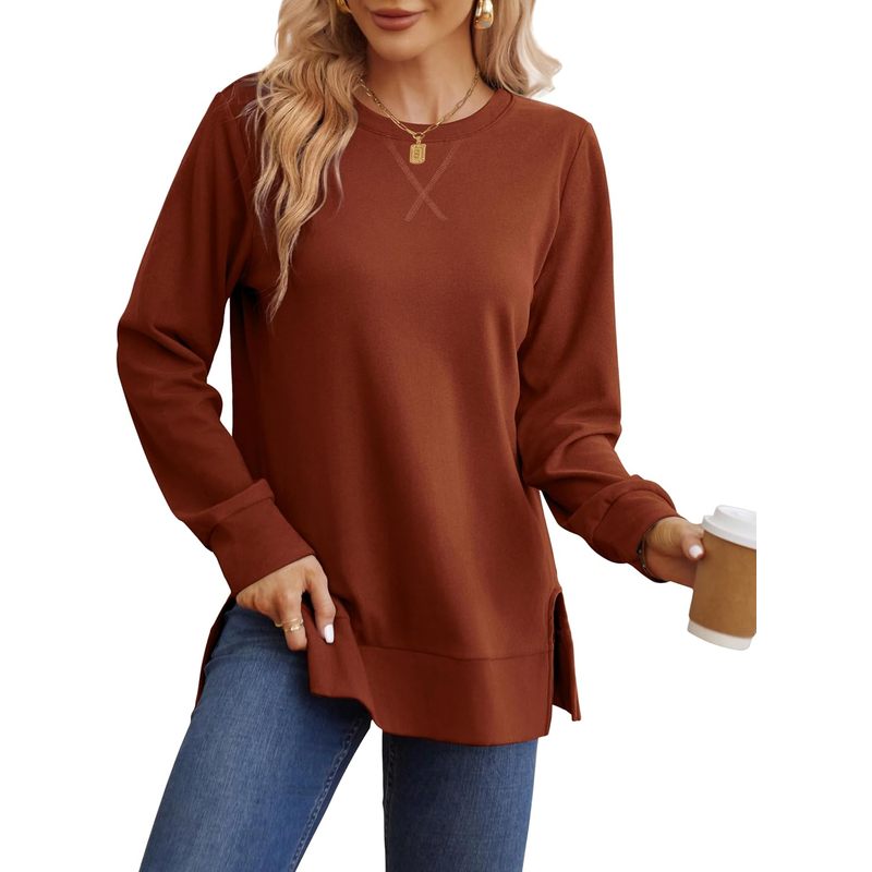 Women Fashion Open Now - レディーススウェットシャツ サイドスリット 秋ファッション 2025 長袖シャツ 今流行中