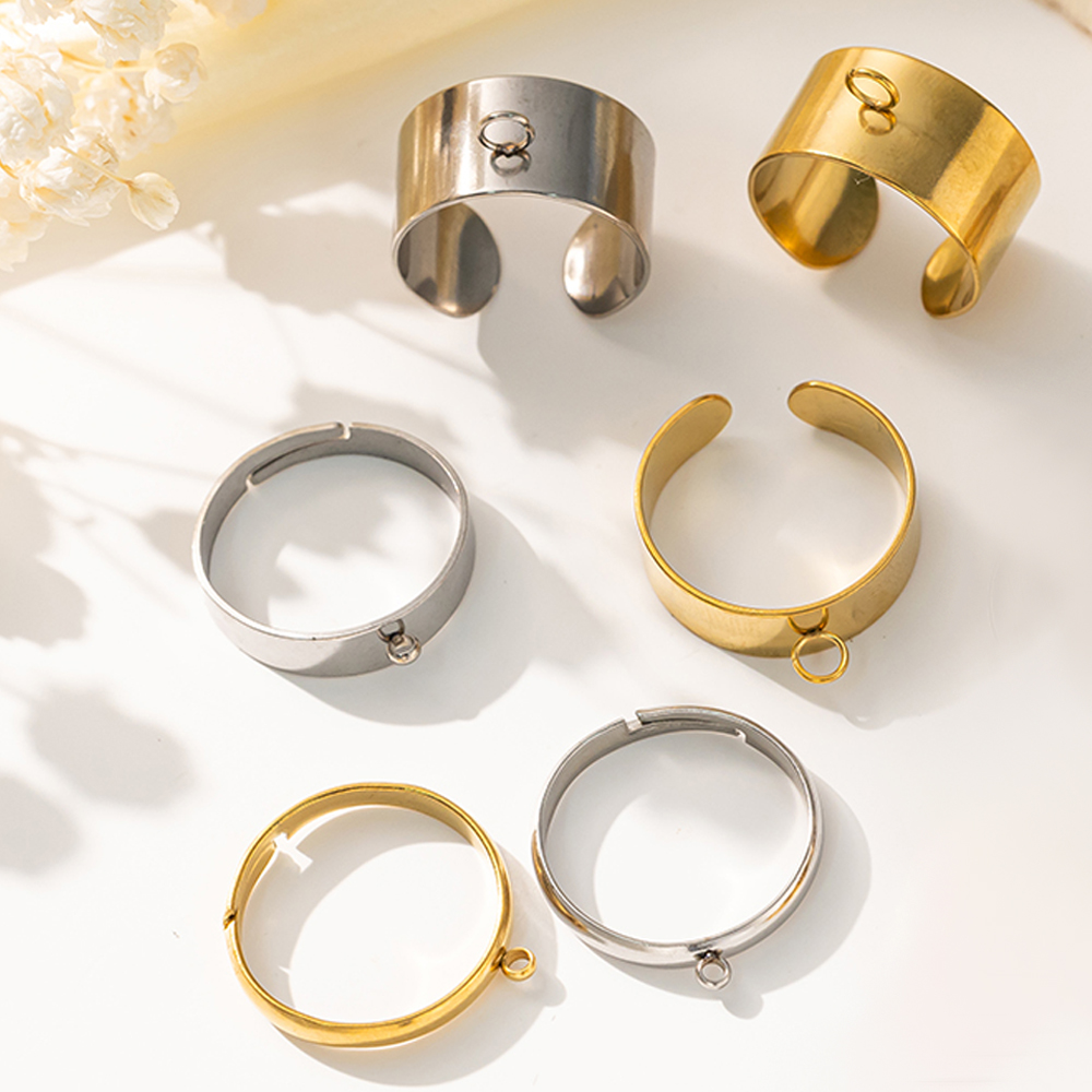 Women Fashion Rings - 5 ピース/ロットステンレス鋼ゴールドカラーオープン調節可能なリングベース男性女性 DIY ジュエリーメイキング用品所見アクセサリー