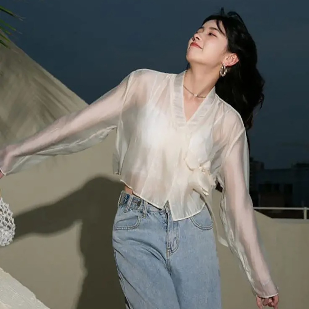 Women'S Fashion Knitwear - 漢服風モーダルアイスシルクショールシースルー長袖日焼け止めカーディガンVネックオープンフロントアウターウェア夏シーズン