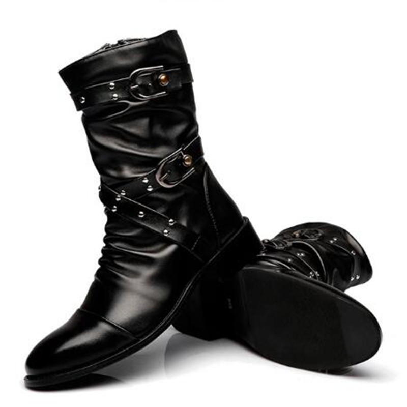 Women Fashion Youtube - ファッションメンズレザー高品質ミッドチューブブーツクラシック秋冬黒パンクロックシューズカジュアル男性女性プラスサイズ 38--46