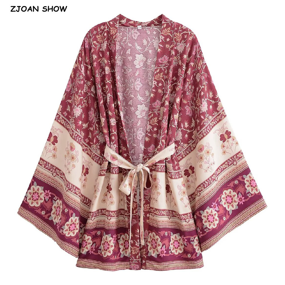 Kimono Cardigan Women - 2022 自由奔放に生きる女性コントラストフラワープリント着物シャツホリデー潮弓サッシミッドロングカーディガン夏のブラウス綿ビーチトップス