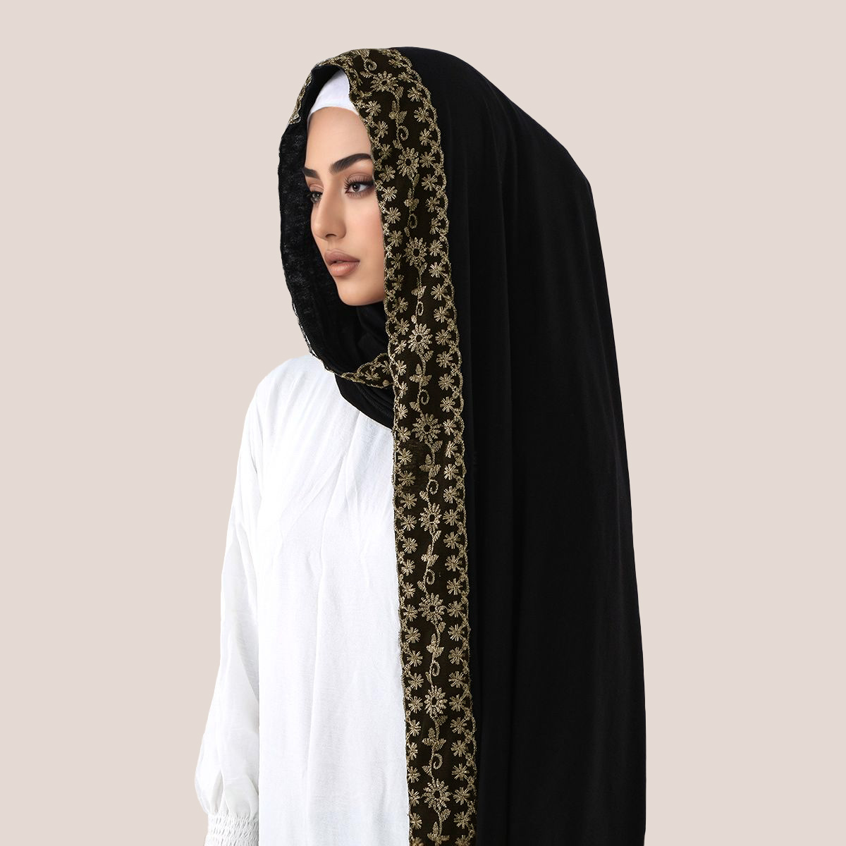 レース刺繍コットンジャージーイスラム教徒ヒジャブロングスカー - Women'S Fashion Headbands のレビューと価格