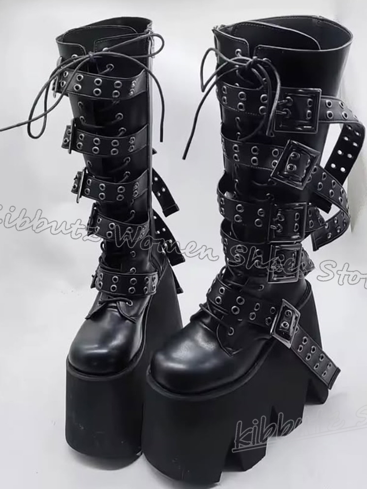 リベットプラットフォームニーハイブーツレザーラウンドトゥ厚底 - Women'S Fashion Leather Boots のレビューと価格