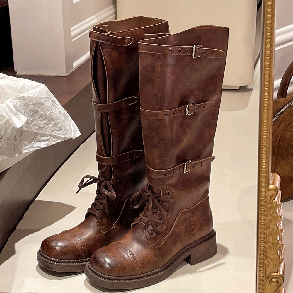 女性のニーハイブーツヴィンテージベルトバックルデザイン女性の - Women'S Fashion Leather Boots のレビューと価格