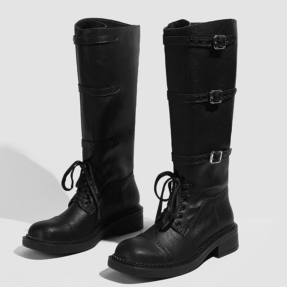 女性のニーハイブーツヴィンテージベルトバックルデザイン女性の - Women'S Fashion Leather Boots のレビューと価格