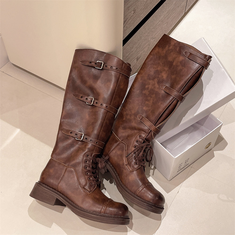 女性のニーハイブーツヴィンテージベルトバックルデザイン女性の - Women'S Fashion Leather Boots のレビューと価格