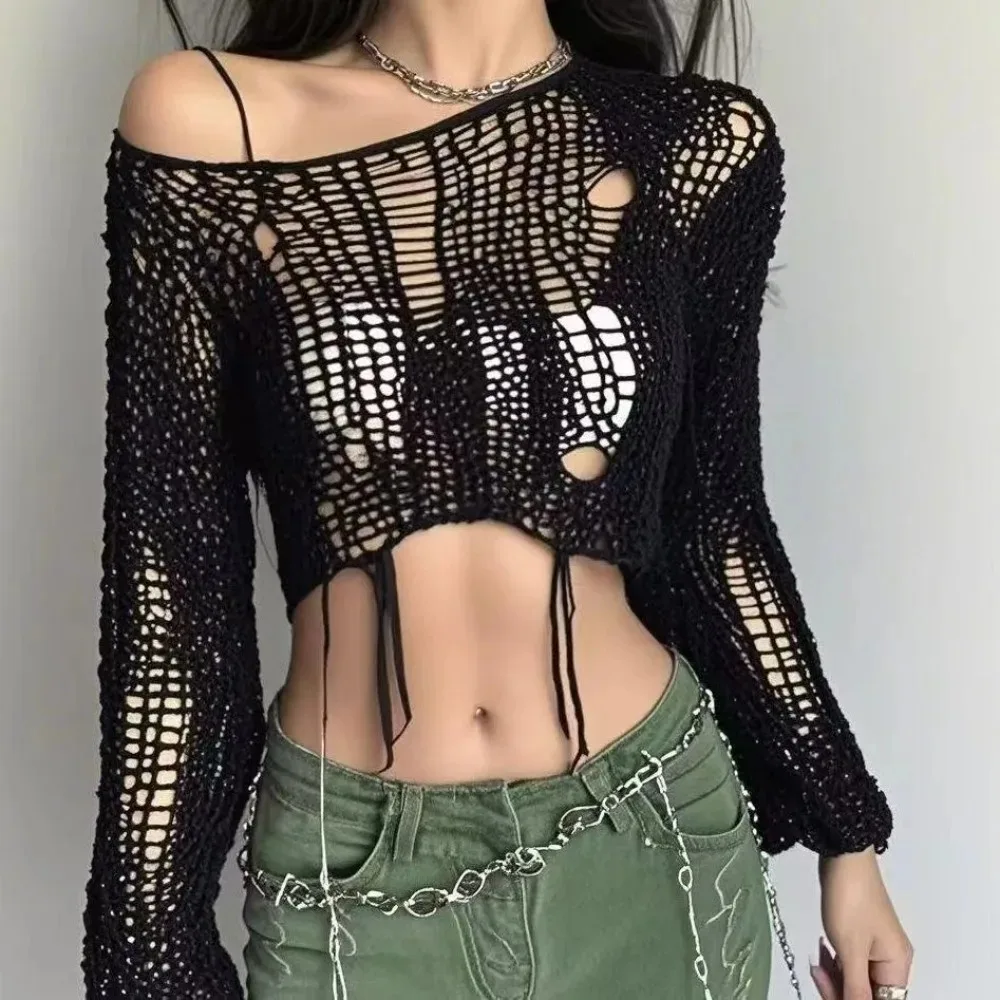 クロップドホールセーターセクシーなギャル中空ニットプルオーバ - Women'S Fashion Knitwear のレビューと価格