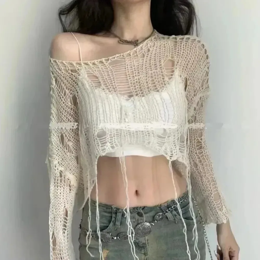 クロップドホールセーターセクシーなギャル中空ニットプルオーバ - Women'S Fashion Knitwear のレビューと価格