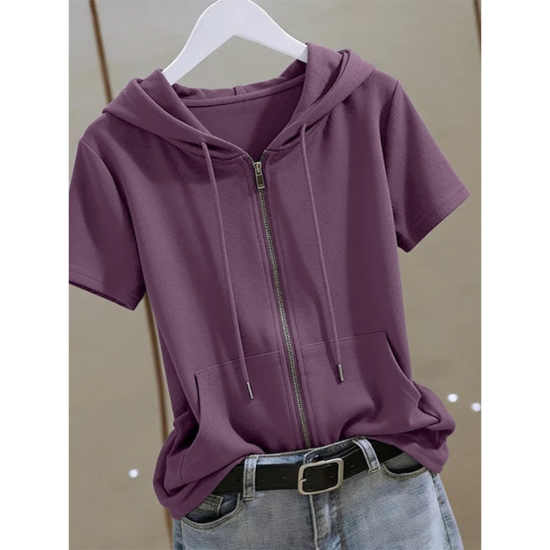 女性用夏用ジップアップ半袖パーカー、コットンプラスサイズ、ゆ - Women'S Fashion Zip Hoodie のレビューと価格