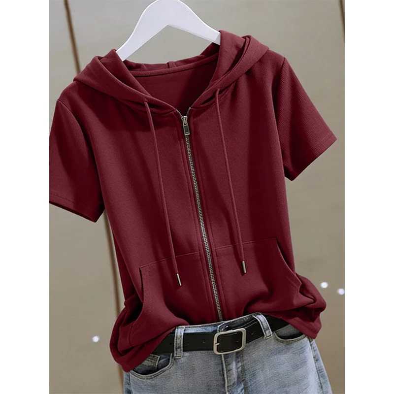 女性用夏用ジップアップ半袖パーカー、コットンプラスサイズ、ゆ - Women'S Fashion Zip Hoodie のレビューと価格