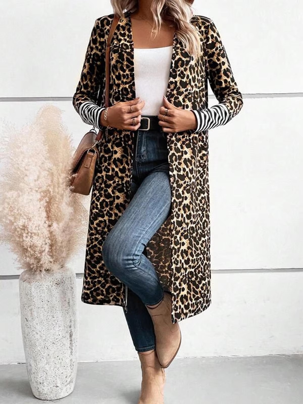 プラスサイズの女性用レオパード柄ロングカーディガン、長袖スト - Kimono Cardigan Women のレビューと価格