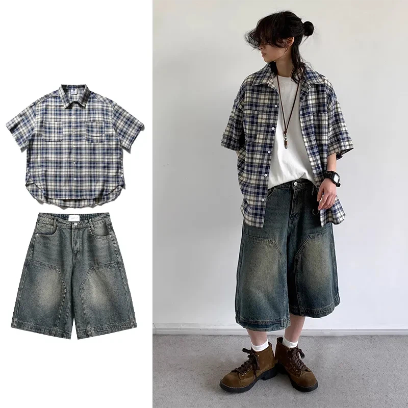 日本の若者スタイル男性女性チェック柄パッチポケット半袖シャツ - Denim Shorts Women のレビューと価格