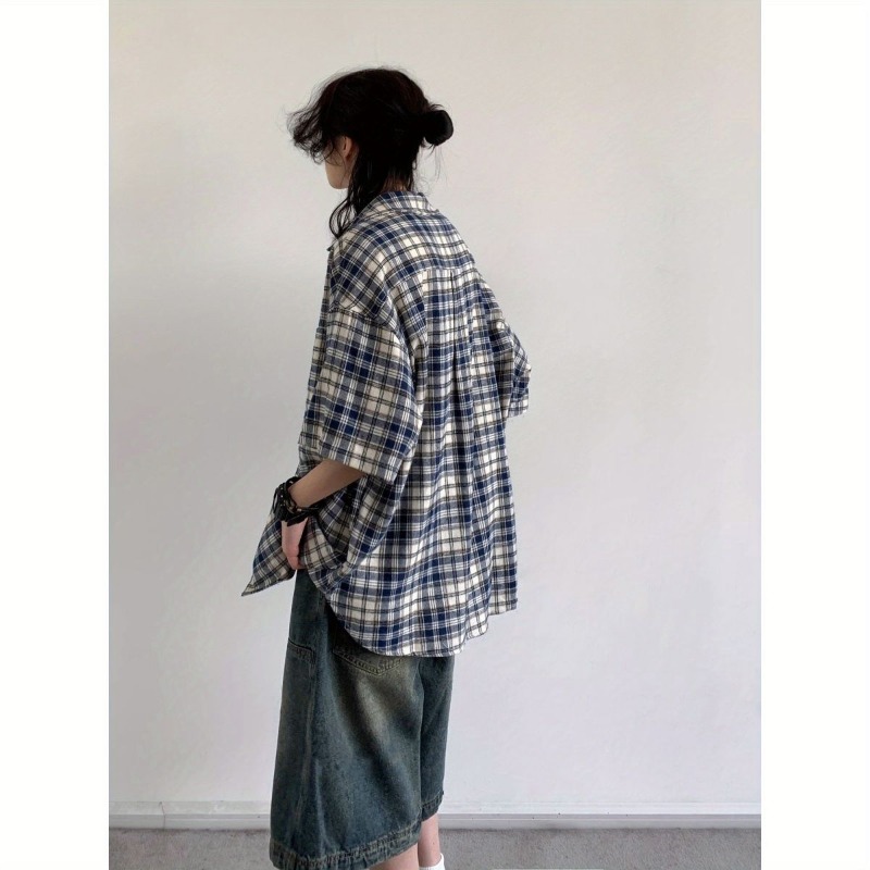 日本の若者スタイル男性女性チェック柄パッチポケット半袖シャツ - Denim Shorts Women のレビューと価格