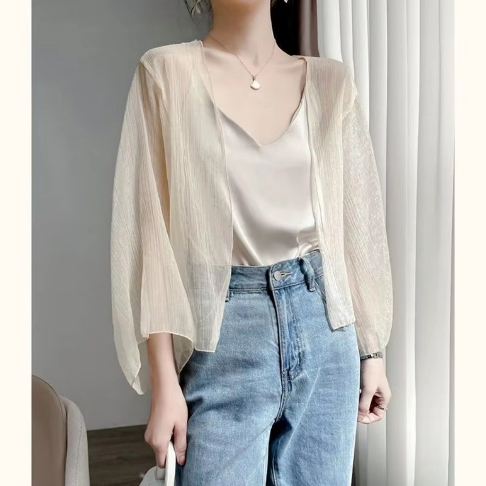 夏クリンクル女性カーディガンルーズシフォン薄いセクショントッ - Women'S Fashion Knitwear のレビューと価格