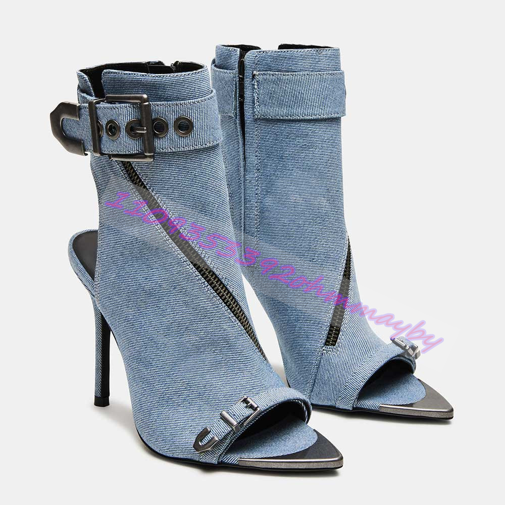 夏ブルーデニムポインテッドトゥブーツ女性用オープントゥレザー - Women'S Fashion Leather Boots のレビューと価格