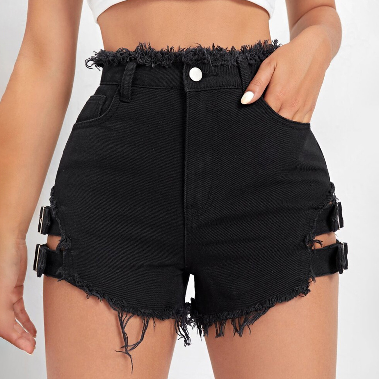 女性ハイウエストデニムショートパンツダメージ加工裾夏カジュア - Denim Shorts Women のレビューと価格
